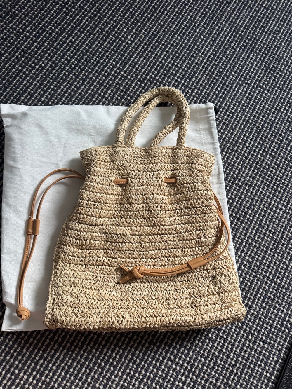 Handwoven Straw Tote Bag with Tan Leather Drawstring